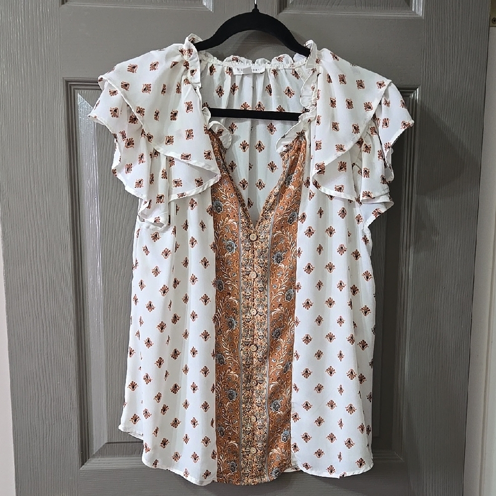 Women's White and Brown Patterned Top